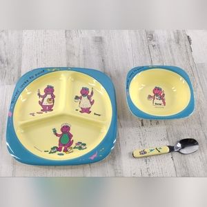 Vintage 1992 Barney Loves To Paint Divided Melamine Plate Bowl and Spoon